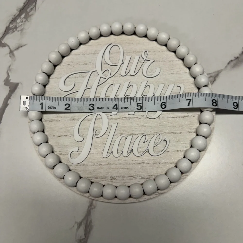 Our Happy Place Round Wood Sign - White Beaded Farmhouse Decor with easel